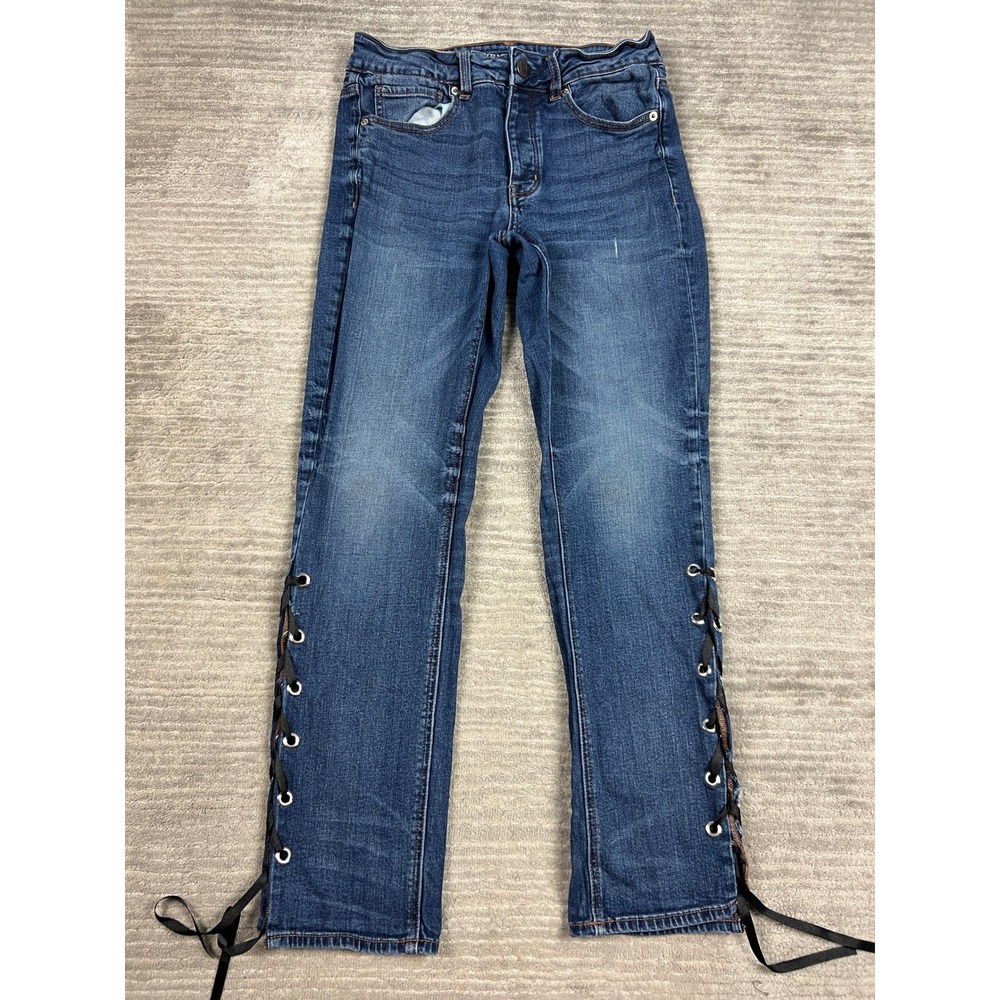 American Eagle Jeans Women 6 Long Blue Lace Up Side Ribbon Slim Straight Stretch